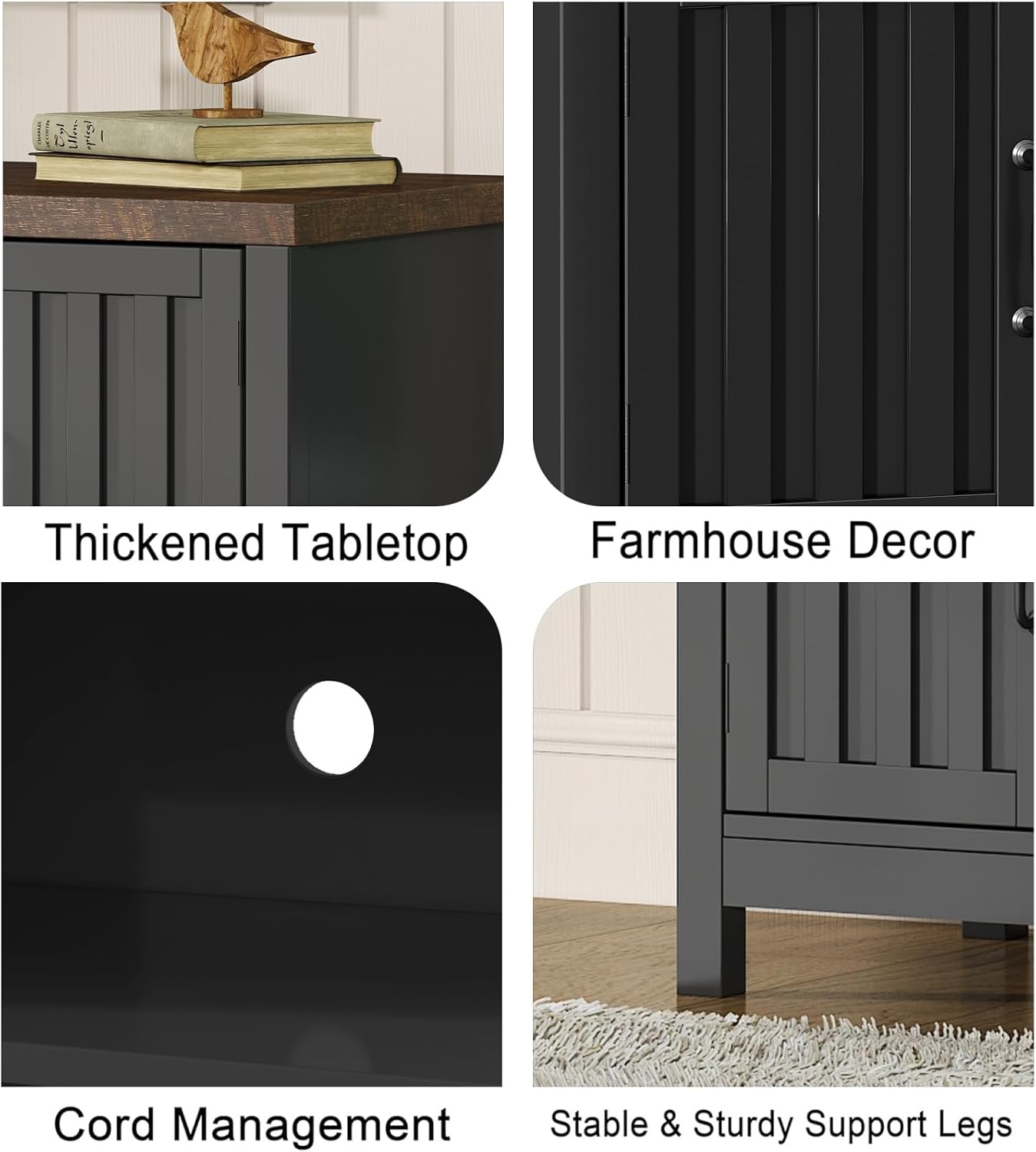 ChooChoo Farmhouse TV Stand for Televisions up to 55 inches, Entertainment Center Console Table Media Furniture with Storage Cabinets and Open Shelves, Fluted Door, for Living Room Bedroom, Black