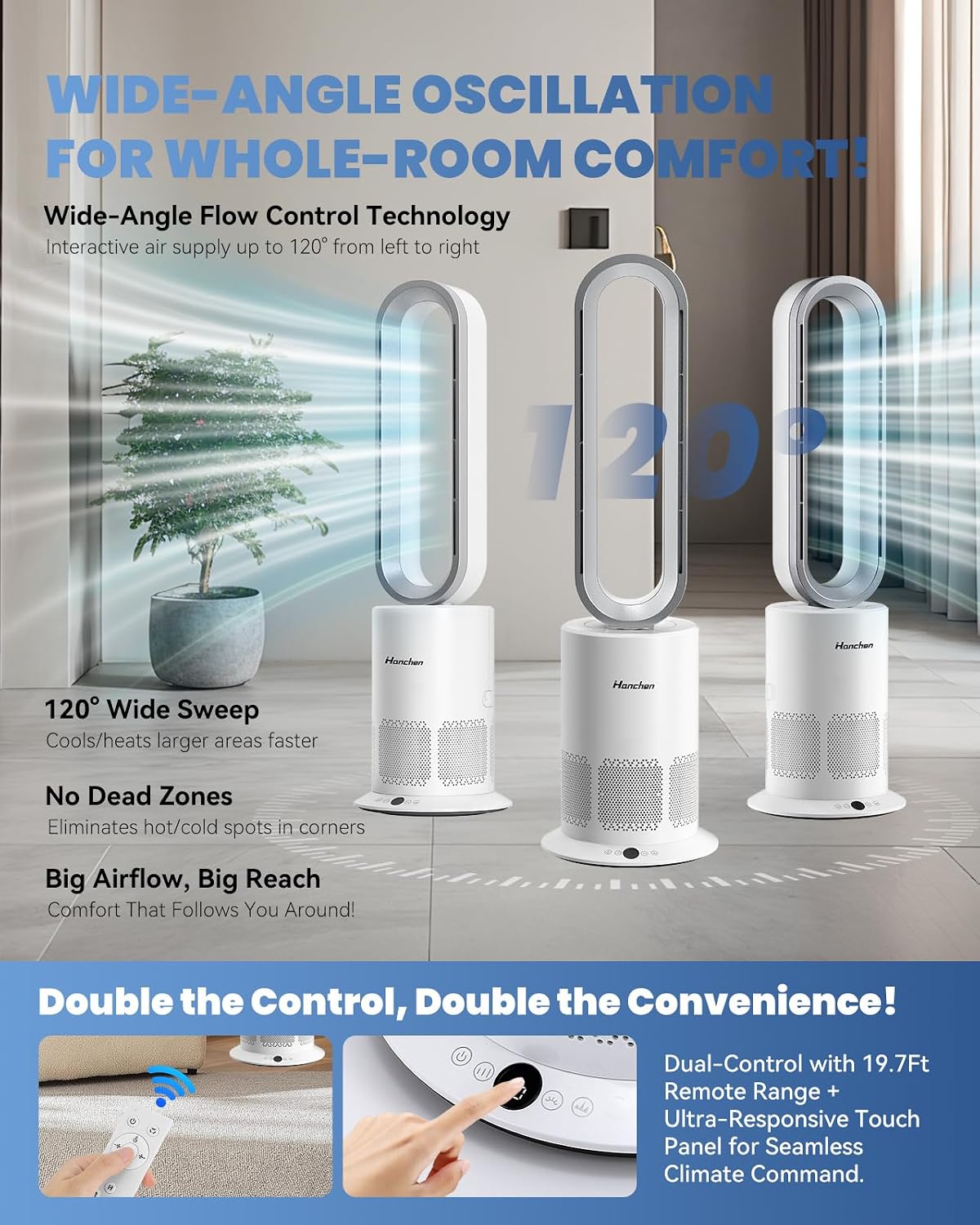 Hanchen Dual-Tech Bladeless Tower HEPA Fan, Ultra-Quiet 3-in-1 Cooling, Heating & Air Purifier | UL Listed PTC Ceramic Fast Heat, Auto Shutoff, Sturdy Base for Home, Office & Bedroom