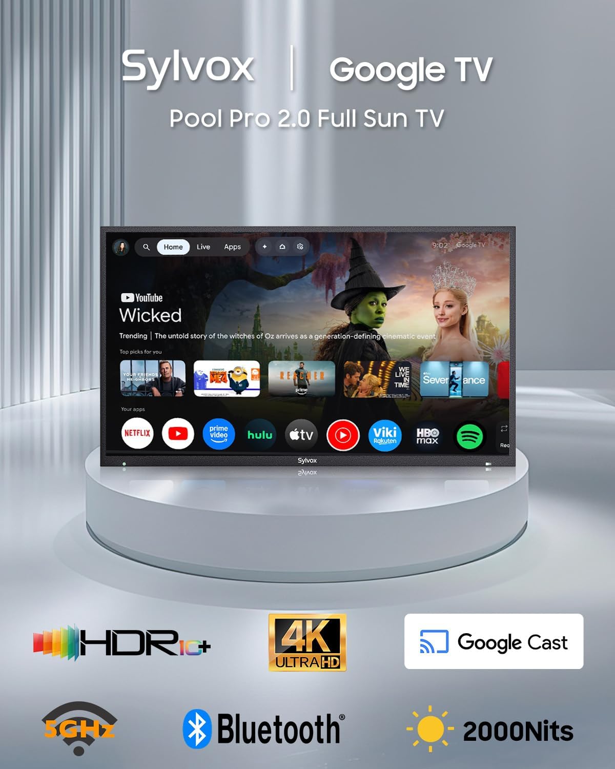 SYLVOX Outdoor TV, 55-Inch Waterproof Smart TV, 2000 nits Full Sun TV, 4K, Dolby Atmos, HDR10, Weatherproof Television with Voice Assistant Remote (Pool Pro 2.0, Latest Model)