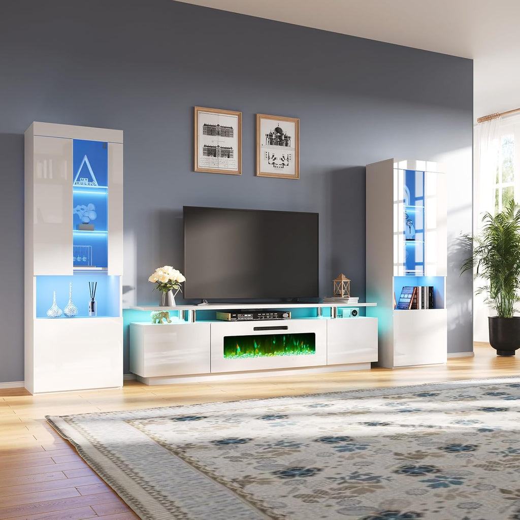 AMERLIFE Entertainment Center with Fireplace and Bookcases, Includes 80' 2-Tier Fireplace TV Stand with 40' Fireplace, 2 x High Gloss Bookshelves with LED Lights & Glass Doors, White