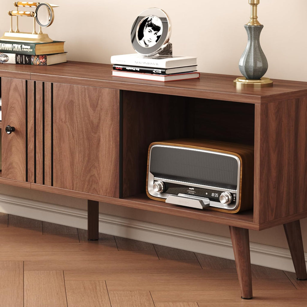 HOMEFORT TV Stand for 65/60/55 Inches, Mid-Century Modern TV Stand with Storage,Media Console Table,Entertainment Center with Sliding Door for TVs up to 65',for Bedroom,Living Room (Walnut)