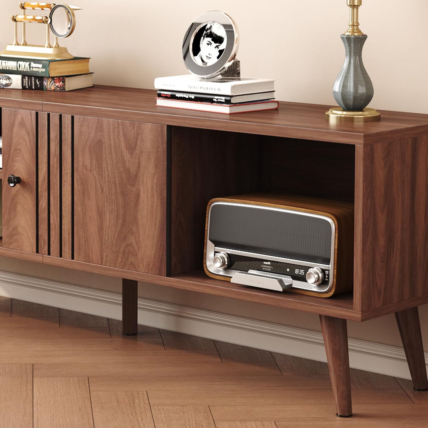HOMEFORT TV Stand for 65/60/55 Inches, Mid-Century Modern TV Stand with Storage,Media Console Table,Entertainment Center with Sliding Door for TVs up to 65',for Bedroom,Living Room (Walnut)