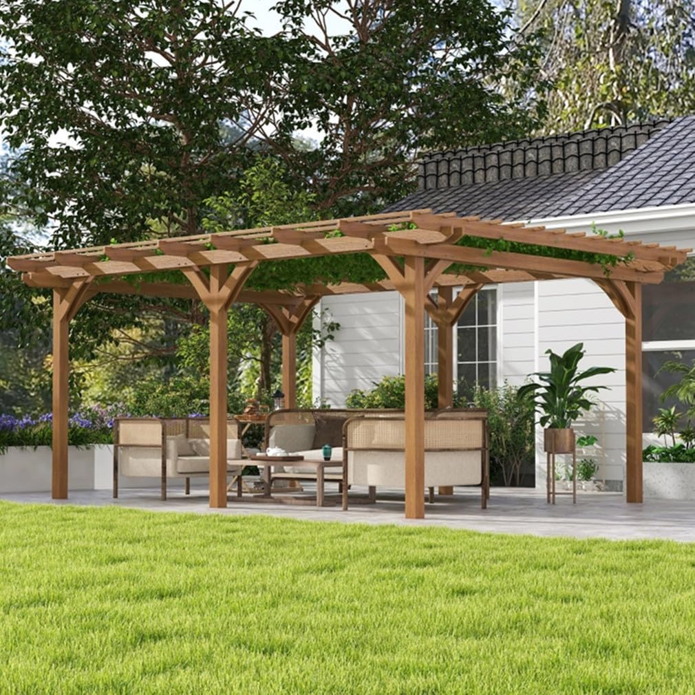16 x 12 ft Wood Pergola Quality Solid Wood Gazebo Pavilion for Backyard Deck Patio Outdoor Large Pergola Grape Trellis Grill Gazebo, Strong Sturcture,Snow and Wind Supported (Brown)