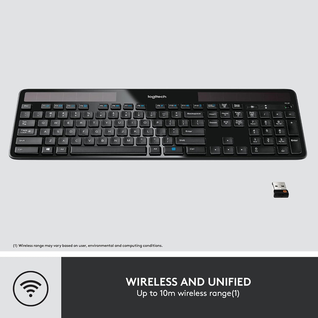 Logitech K750 Wireless Solar Keyboard for Windows, 2.4GHz Wireless with USB Unifying Receiver, Ultra-Thin, Compatible with PC, Laptop - Black