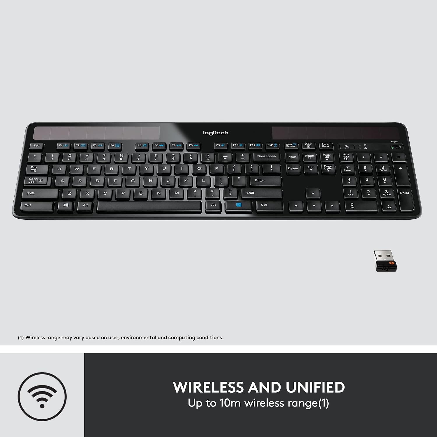 Logitech K750 Wireless Solar Keyboard for Windows, 2.4GHz Wireless with USB Unifying Receiver, Ultra-Thin, Compatible with PC, Laptop - Black