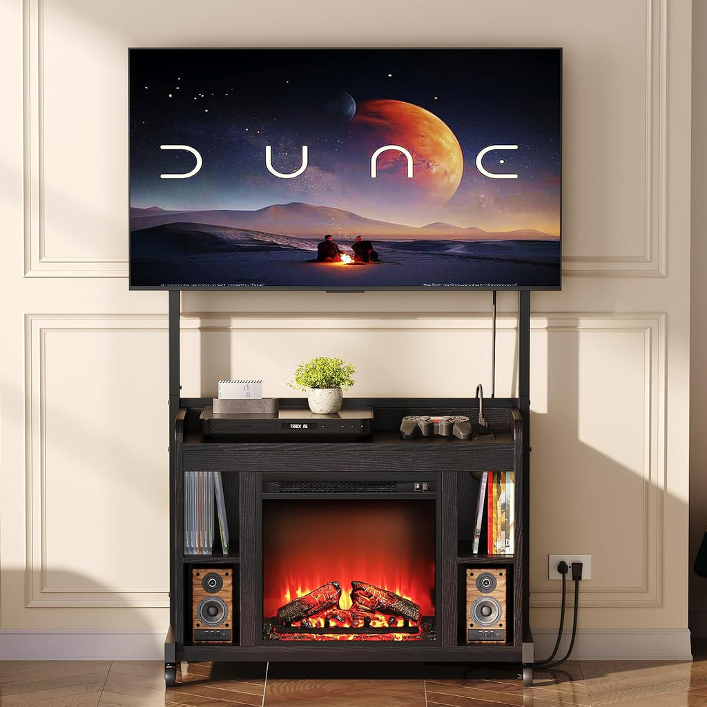 RALGEND Fireplace TV Stand with Mount for 45/55/60/65/75 inch TVs, Corner Entertainment Center with Power Outlet and 18' Electric Fireplace, Height Adjustable TV Console for Living Room Bedroom, Black