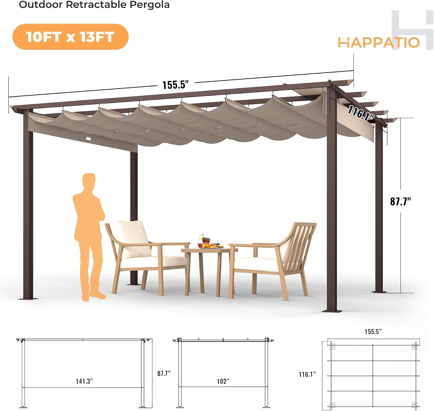 HAPPATIO 10' X 13' Retractable Pergola with Sun Shade Canopy, Patio Aluminum Frame Shelter for Backyards, Gardens, Porch, Includes Ground Studs and Expansion Screws (Brown)