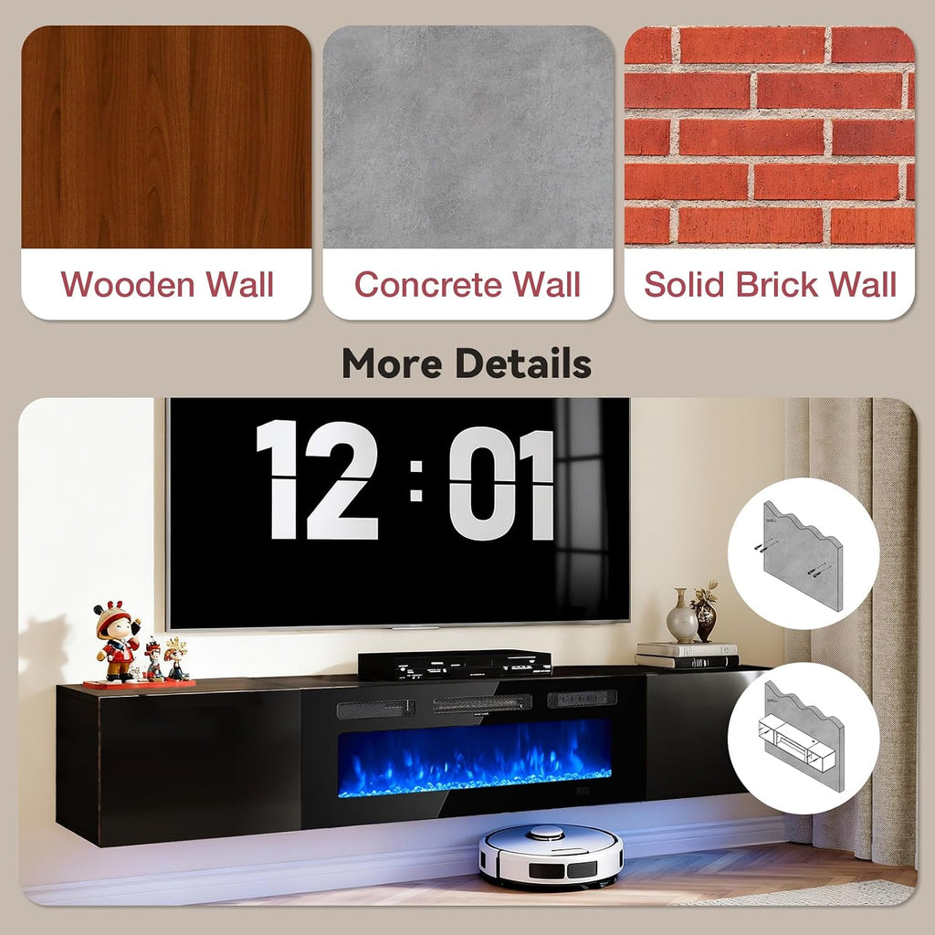 70'' Floating TV Stand with 36' Electric Fireplace, Wall Mounted Entertainment Center with Storage for TVs up to 80', Adjustable 12-Color LED Media TV Console for Living Room,All Black