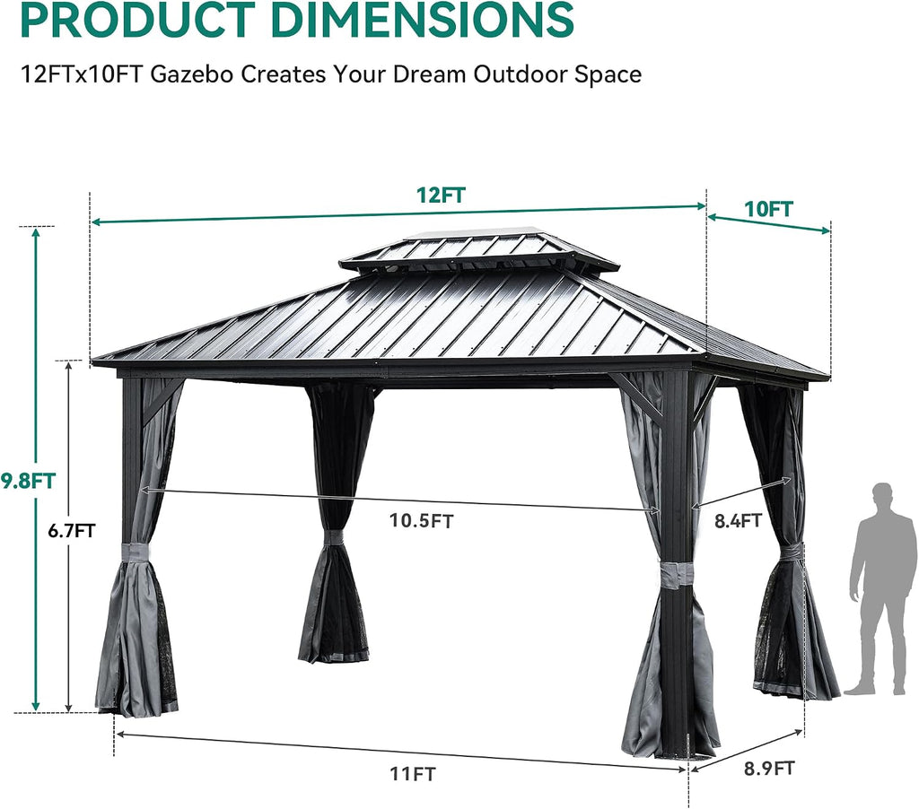 YITAHOME 10x12ft Gazebo Hardtop with Nettings and Curtains, Heavy Duty Double Roof Galvanized Steel Outdoor Combined of Vertical Stripes Roof for Patio, Backyard, Deck, Lawns, Gray