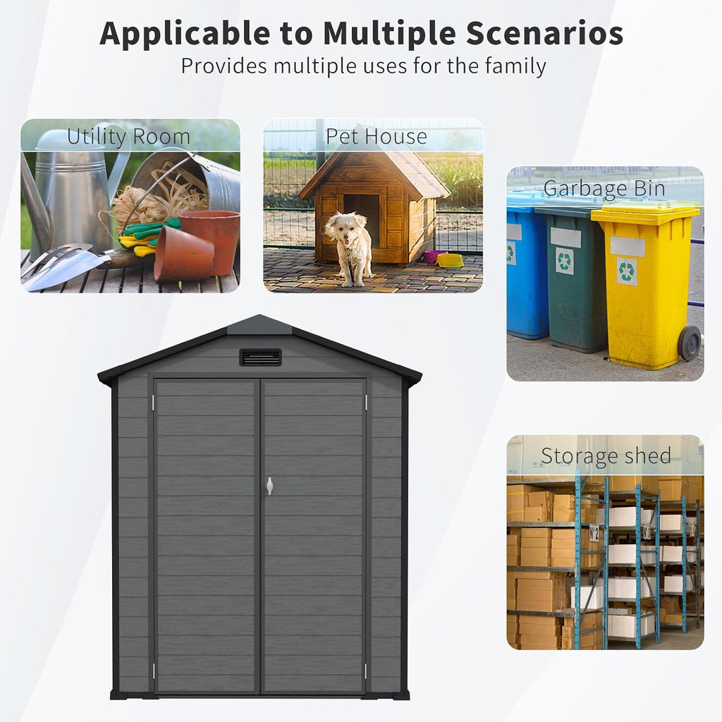 6x6 ft Outdoor Resin Storage Shed with Floor, Waterproof Plastic Garden Shed with Lockable Door, 2 Side Windows and Full-Length Ridge Skylight, All-Weather Tool Sheds for Backyard, Patio, Lawn