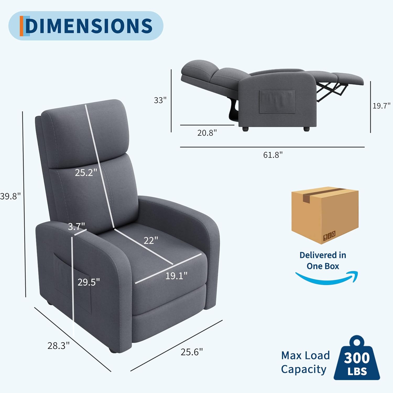 Garvee Recliner Chair for Adults, Lazy Reclining Chair Ergonomic Adjustable Single Sofa Enhanced with Side Pocket, Tall Back, Wide Arms & Padded Seat, Home Theater Seating for Living Room