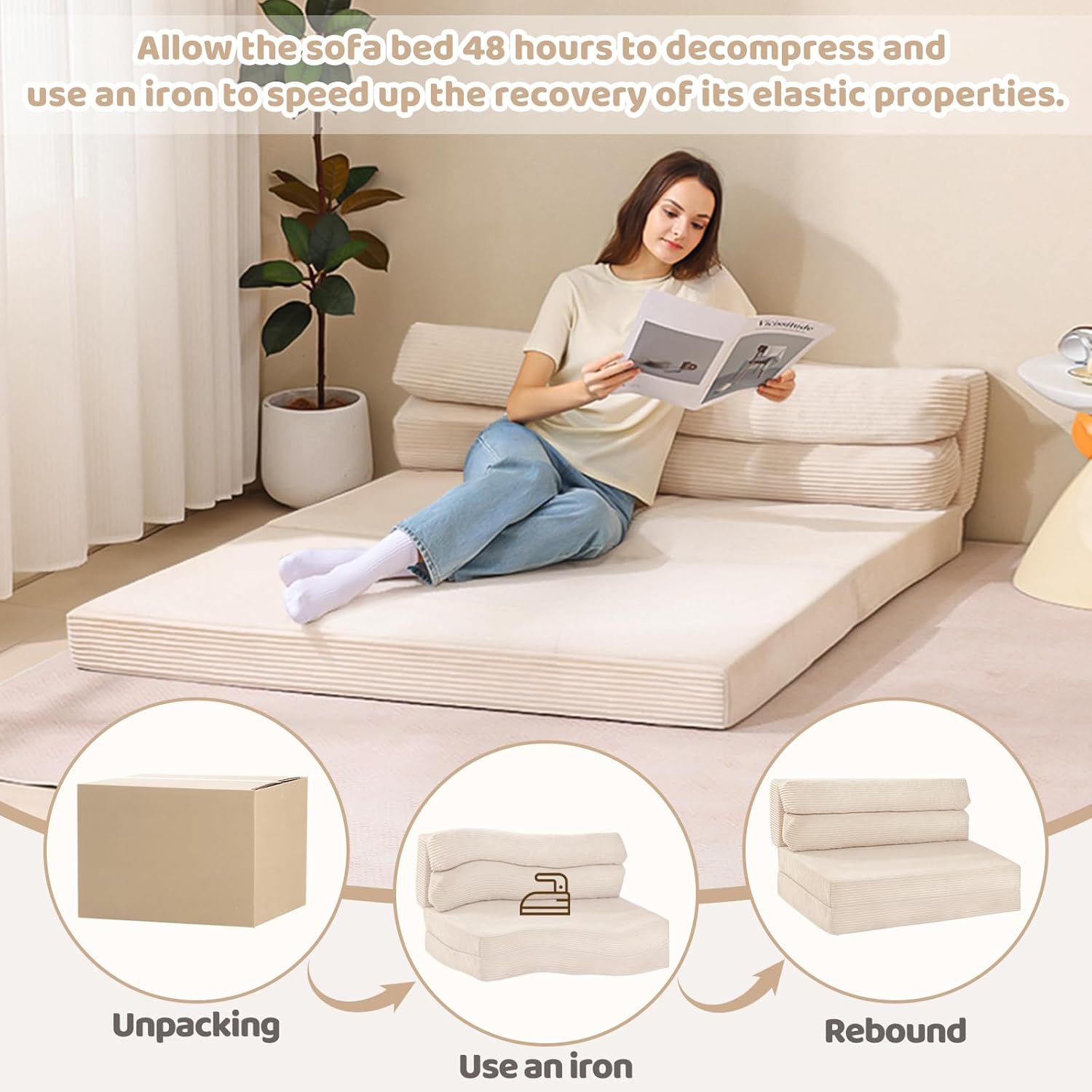 JUIKURY Folding Sofa Bed, Convertible Sleeper Chair with Pilow Foldable Matress, 2 in 1 Pull Out Loveseat Sofa Portable Fold Out Chair Bed Floor Couch Lounge for Living Room Bedroom (Beige, Queen)