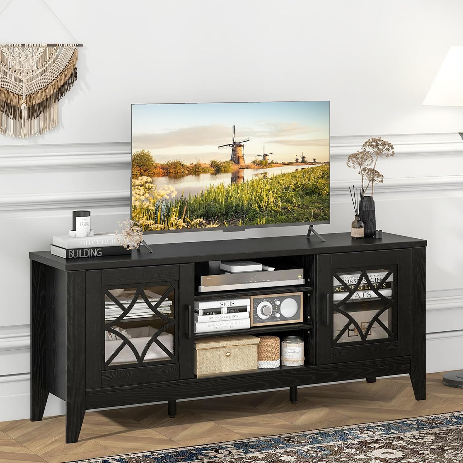Giantex Farmhouse TV Stand for TVs up to 65', Entertainment Center with 4 Adjustable Storage Shelves & Tempered Glass Doors, Modern TV Console Table for Bedroom, Living Room
