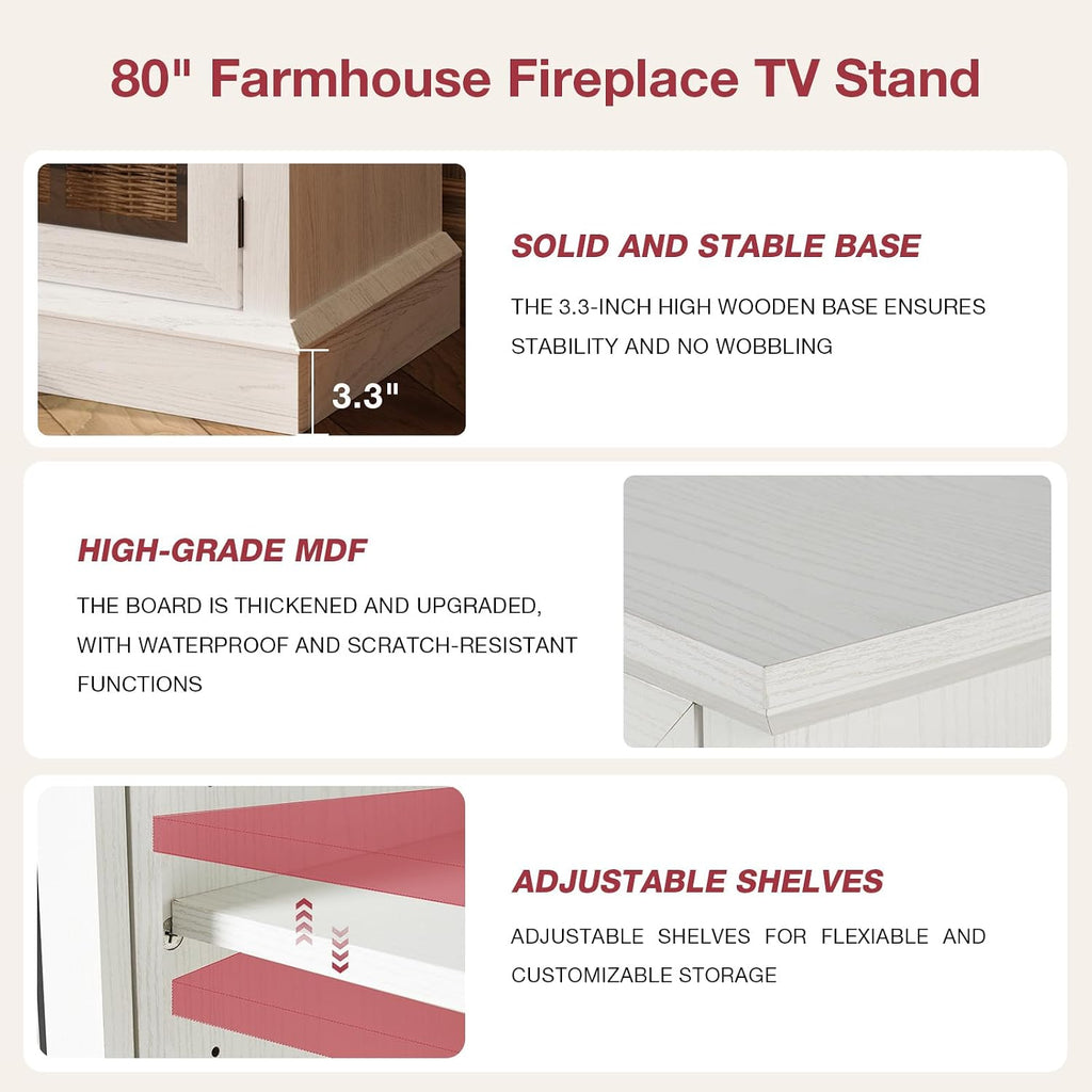 oneinmil 80'' Fireplace TV Stand with 3-Sided Glass, TV Cabinet for TVs up to 85', 80'' Modern Media Entertainment Center with Farmhouse Glass Door Storage Cabinets