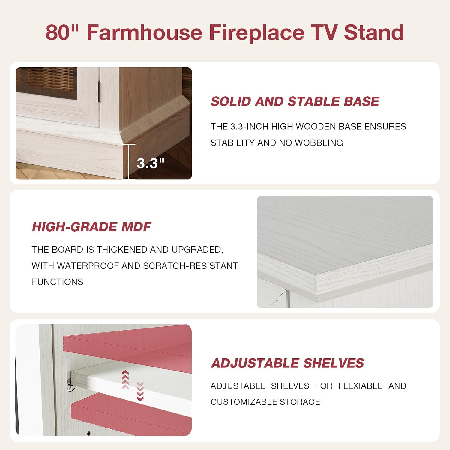 oneinmil 80'' Fireplace TV Stand with 3-Sided Glass, TV Cabinet for TVs up to 85', 80'' Modern Media Entertainment Center with Farmhouse Glass Door Storage Cabinets