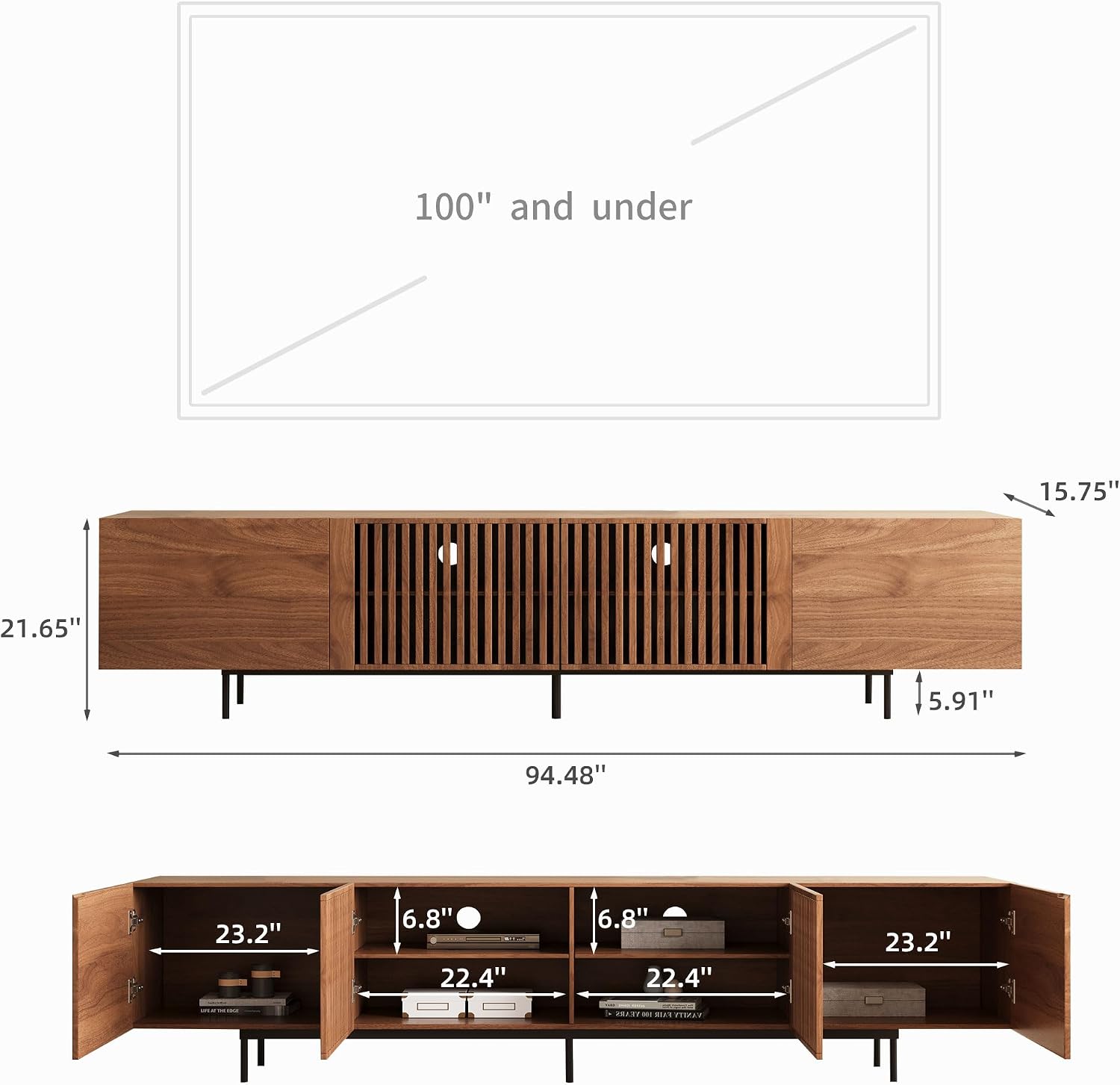 Mid Century Modern TV Stand for 80+ Inch TVs, 94.48' Walnut Console with Ample Storage – Stylish Entertainment Center for Living Room or Bedroom