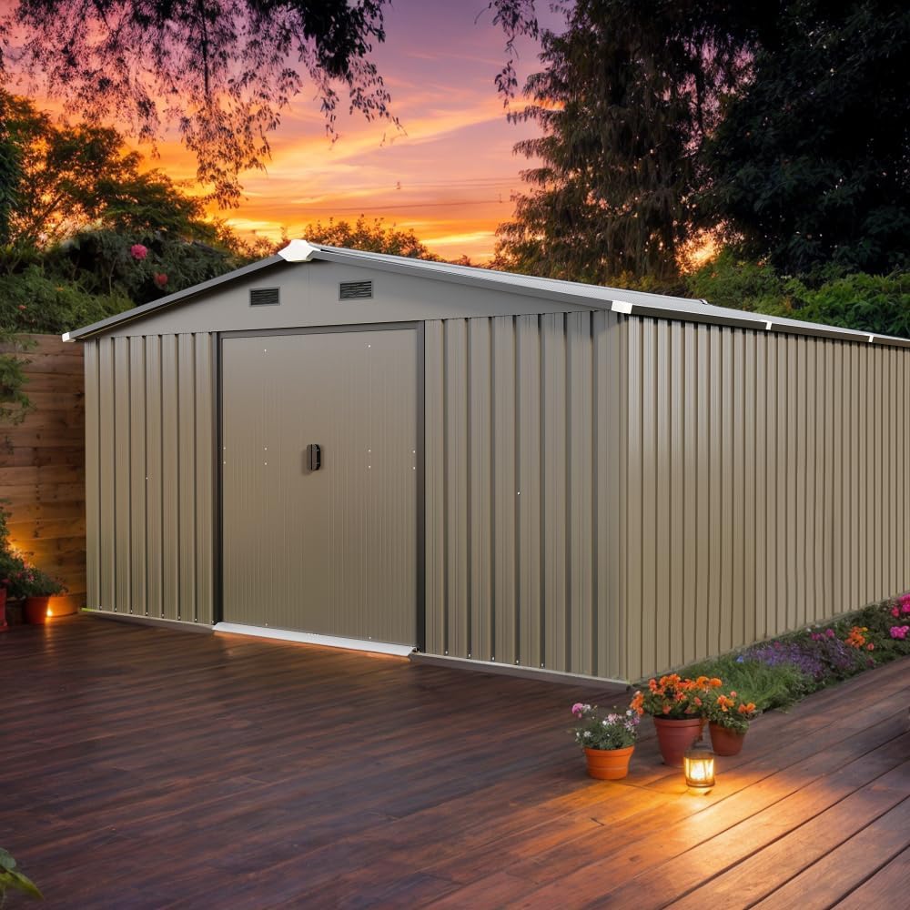 10x12 FT Outdoor Storage Shed with Windows, Brown Color Steel Metal Garden Shed with Protective Film, 0.25mm Roof & Wall Panels, Gift Tool Kit Included