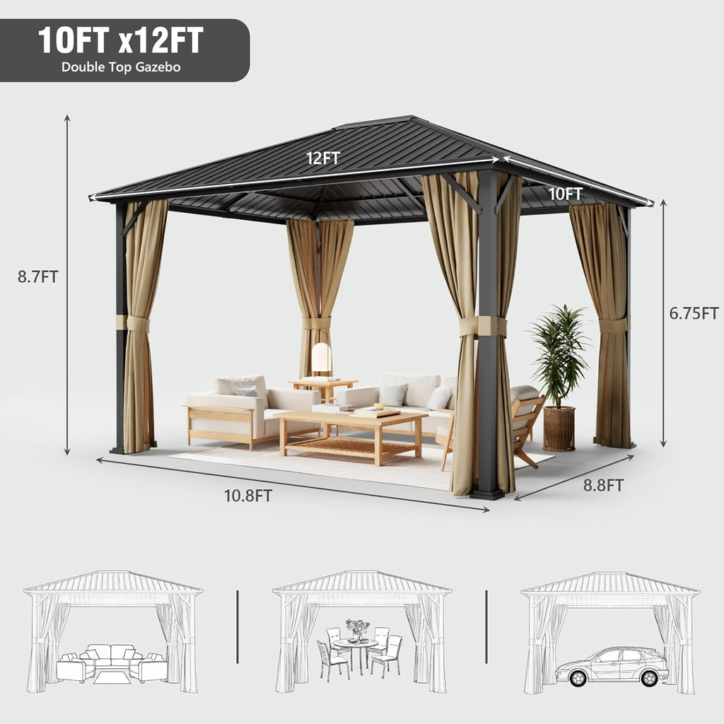 10x12 Hardtop Gazebos, Heavy Duty Outdoor Gazebo with Powder-Coated Iron Frame, Galvanized Steel Roof & Mosquito Netting, Permanent Pavilion Gazebo for Backyards & Patios