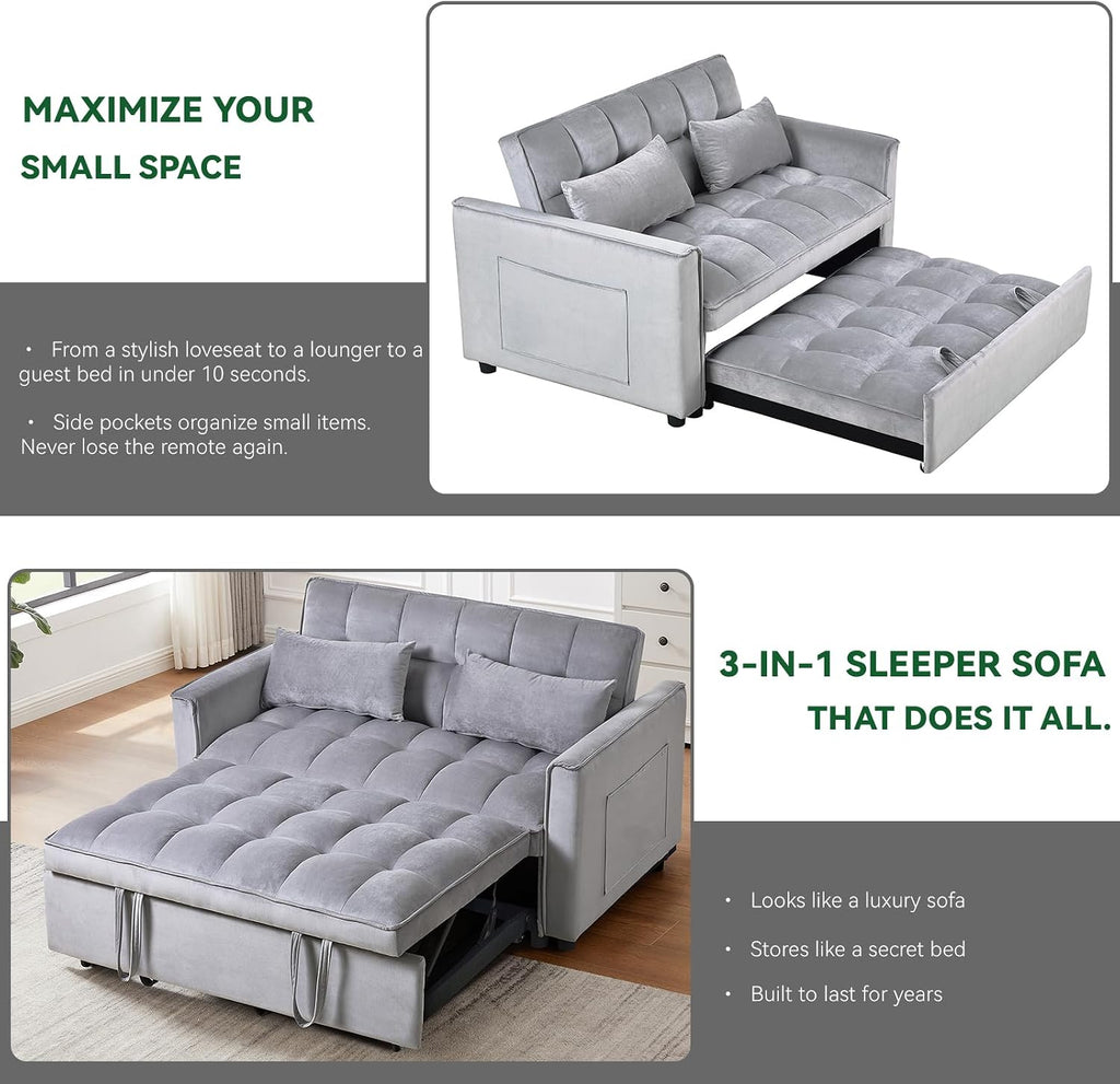 3-in-1 Convertible Sleeper Sofa Bed, 63' Modern Pull Out Couch with Adjustable Reclining Backrest - Velvet Fabric Loveseat for Living Room, Bedroom, Apartment (Gray)