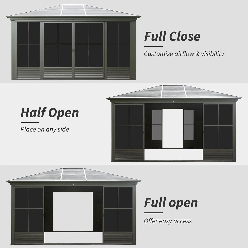 12x14FT Outdoor Sunroom Hardtop Gazebo with Lockable Doors & Movable PVC Windows | All-Weather Galvanized Steel Roof & Aluminum Frame, Black Solarium Screen House for Patio, Deck, Backyard