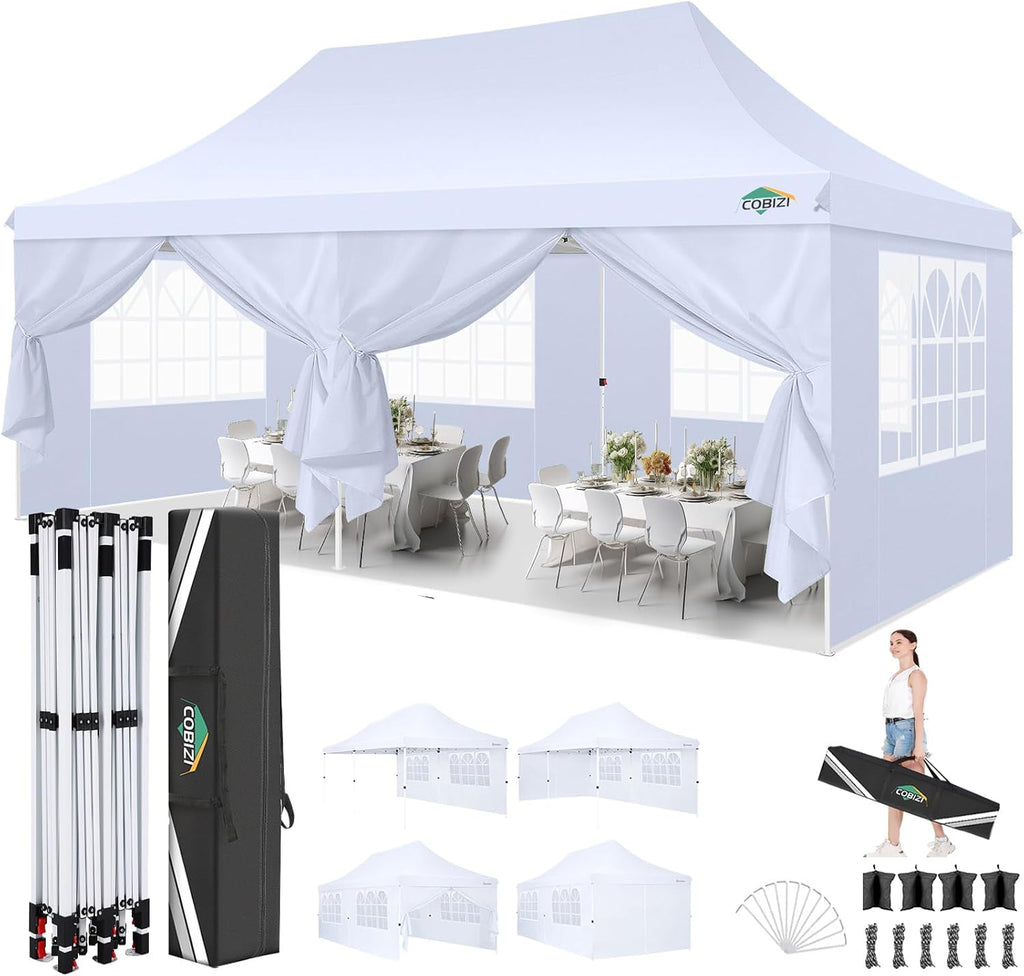 COBIZI 10x20 Pop Up Canopy with 6 Sidewalls, Conical Party Tent 10x20 with 3 Adjustable Height Waterproof, UV-Resistant with Carry Bag, Sandbag, Stake, Tents for Parties, Commercial (Frame Upgraded)
