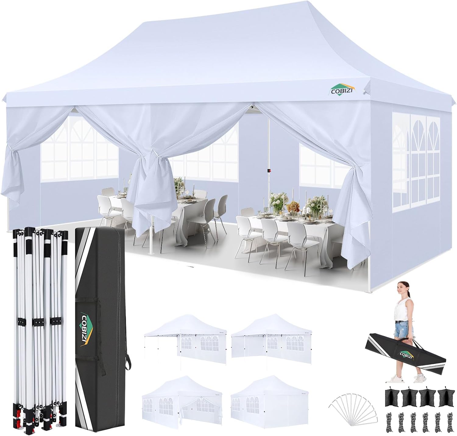 COBIZI 10x20 Pop Up Canopy with 6 Sidewalls, Conical Party Tent 10x20 with 3 Adjustable Height Waterproof, UV-Resistant with Carry Bag, Sandbag, Stake, Tents for Parties, Commercial (Frame Upgraded)