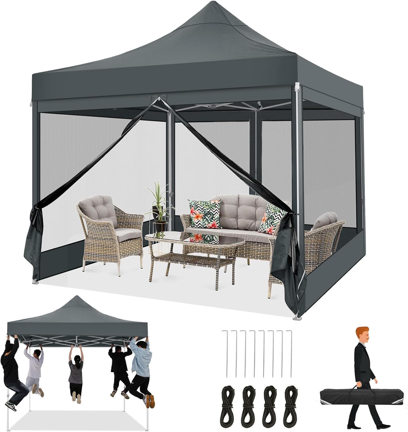 COBIZI 10x10 Heavy Duty Pop Up Canopy Tent with 4 Sidewalls, Easy Set Up Outdoor Waterproof Screen Commercial Party Tent with Mosquito Netting for Parties Backyard Patio, Carry Bag, Gray