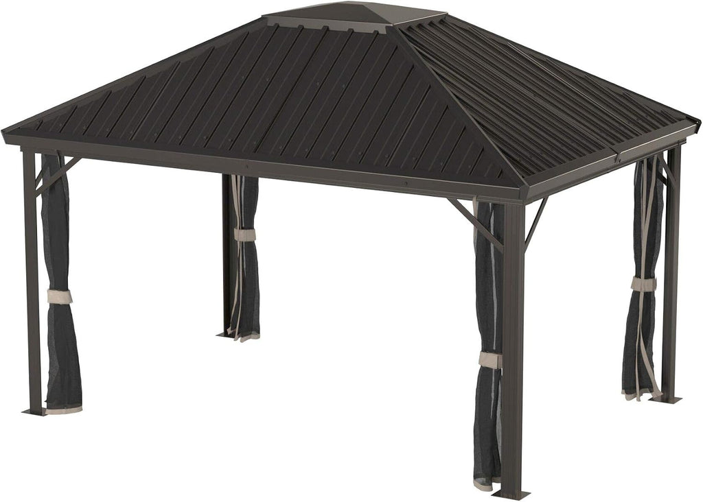 Sojag 10' x 14' Genova Hardtop Gazebo 4-Season Outdoor Weather-Resistant Aluminum Frame Shelter with Mosquito Net, Black,Brown