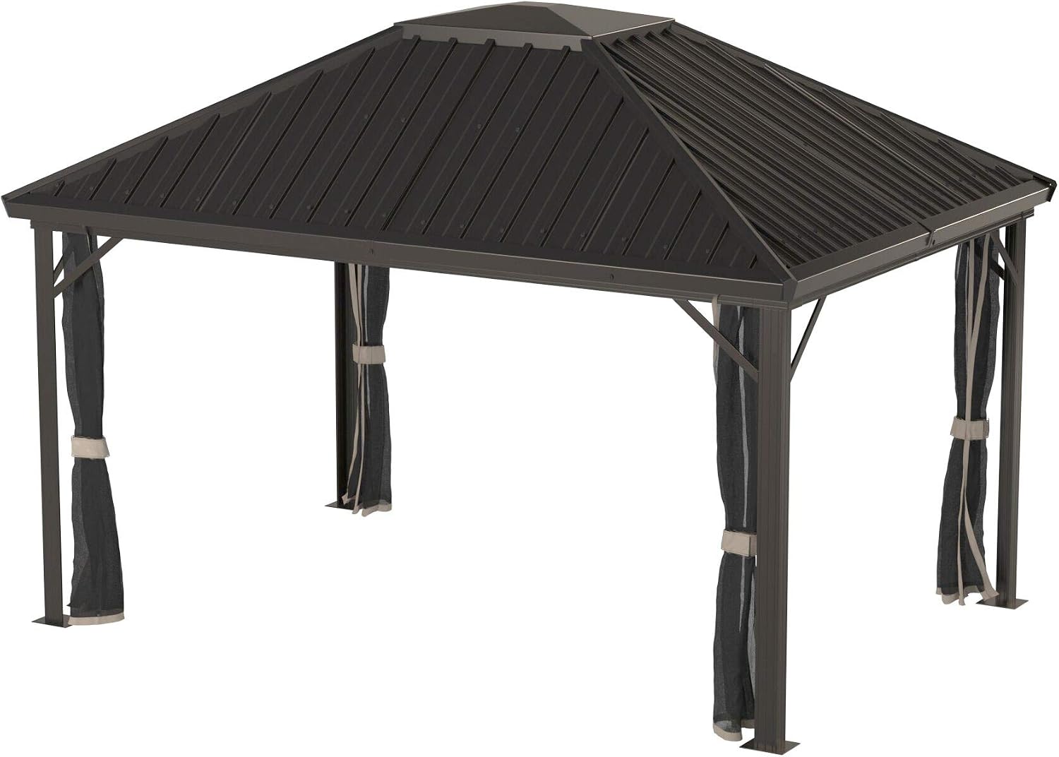 Sojag 10' x 14' Genova Hardtop Gazebo 4-Season Outdoor Weather-Resistant Aluminum Frame Shelter with Mosquito Net, Black,Brown