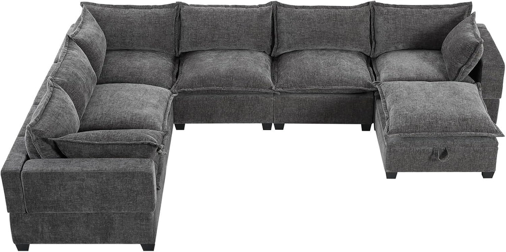 117' Oversized Modular Sectional Sofa with Movable Storage Ottoman, 7-Seat U-Shaped Cloud Couch with Deep Seats, Chenille Upholstered Corner Couch, Modern Sectional Couches for Living Room, Grey