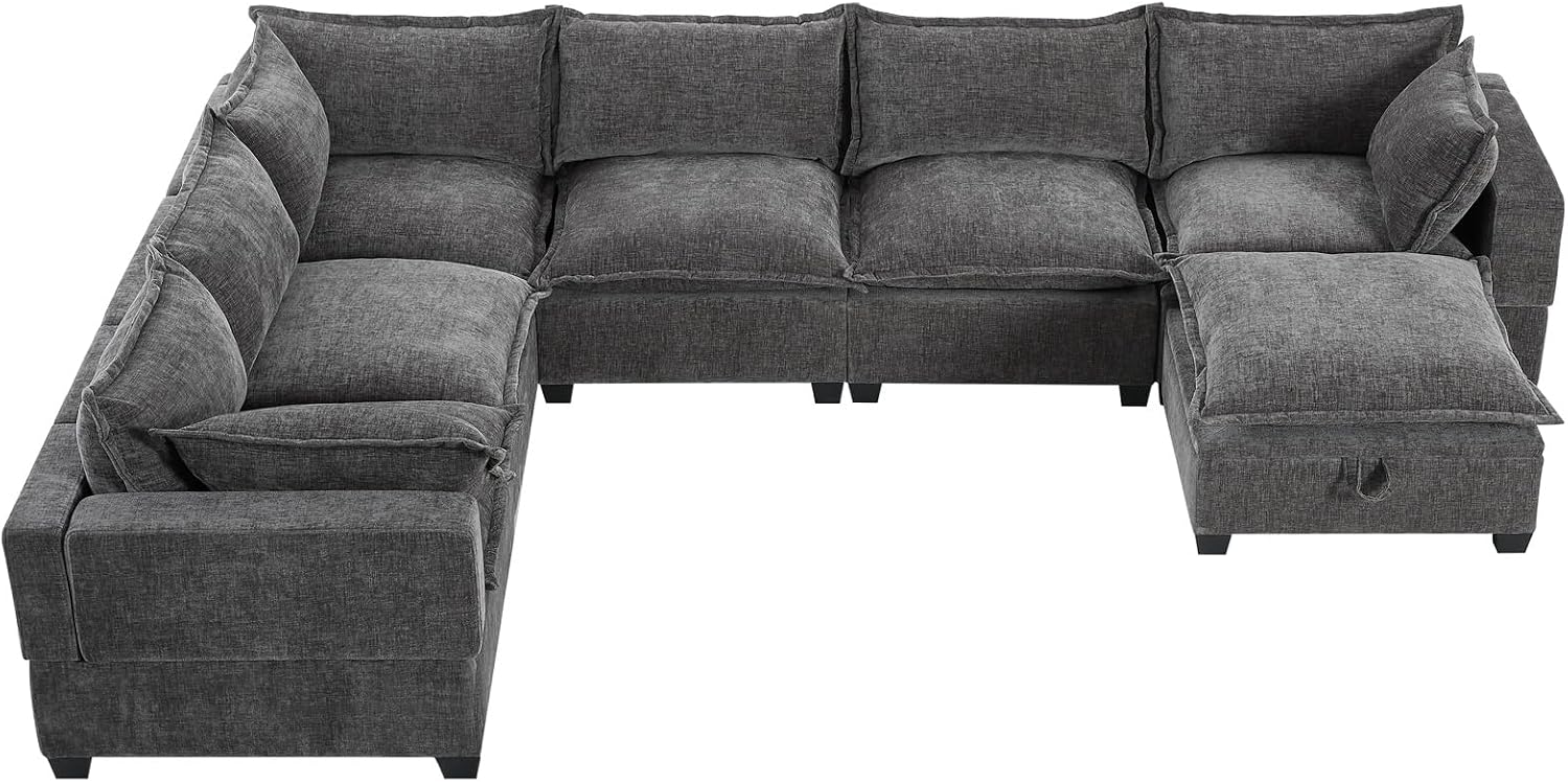 117' Oversized Modular Sectional Sofa with Movable Storage Ottoman, 7-Seat U-Shaped Cloud Couch with Deep Seats, Chenille Upholstered Corner Couch, Modern Sectional Couches for Living Room, Grey