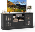 Tangkula Farmhouse TV Stand for TV up to 65 70 Inches, Tall Media Console Table with 2 Glass Storage Cabinets, 1 Drawer & 2 Open Shelves, Wooden Entertainment Center for Living Room (Black)