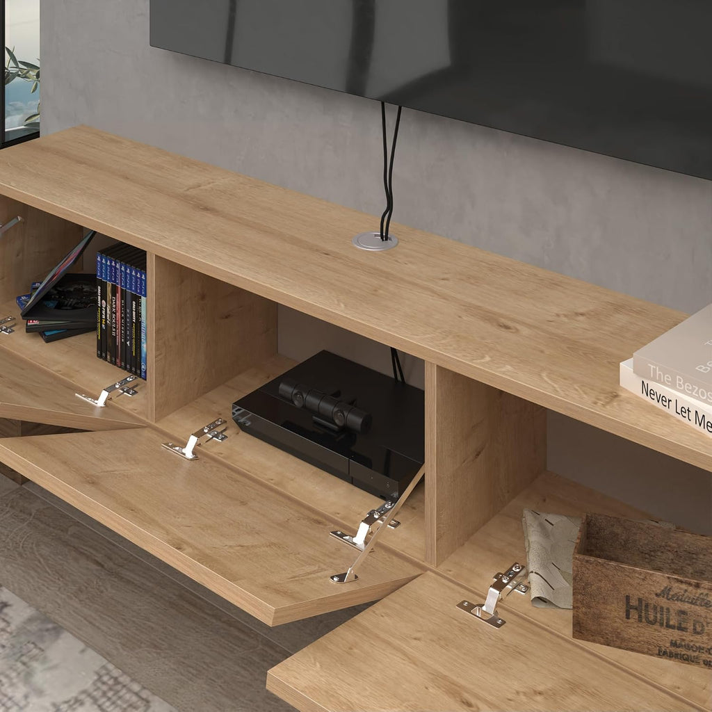 Floating TV Stand for 75-80 Inch TV, 63' Wall Mounted TV Stand with Storage Cabinet, Floating Entertainment Center with Cable Management Hole, Oak Wood Grain Floating Media Console for Living Room