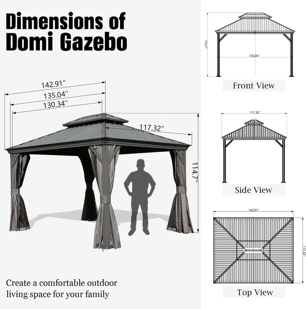 Domi Hardtop Gazebo 10x12FT, Outdoor with Galvanized Steel Double Roof, Metal Gazebo with Drainage System, Detachable Curtain and Netting, Metal Pavilion for Patio Deck Garden, Gray