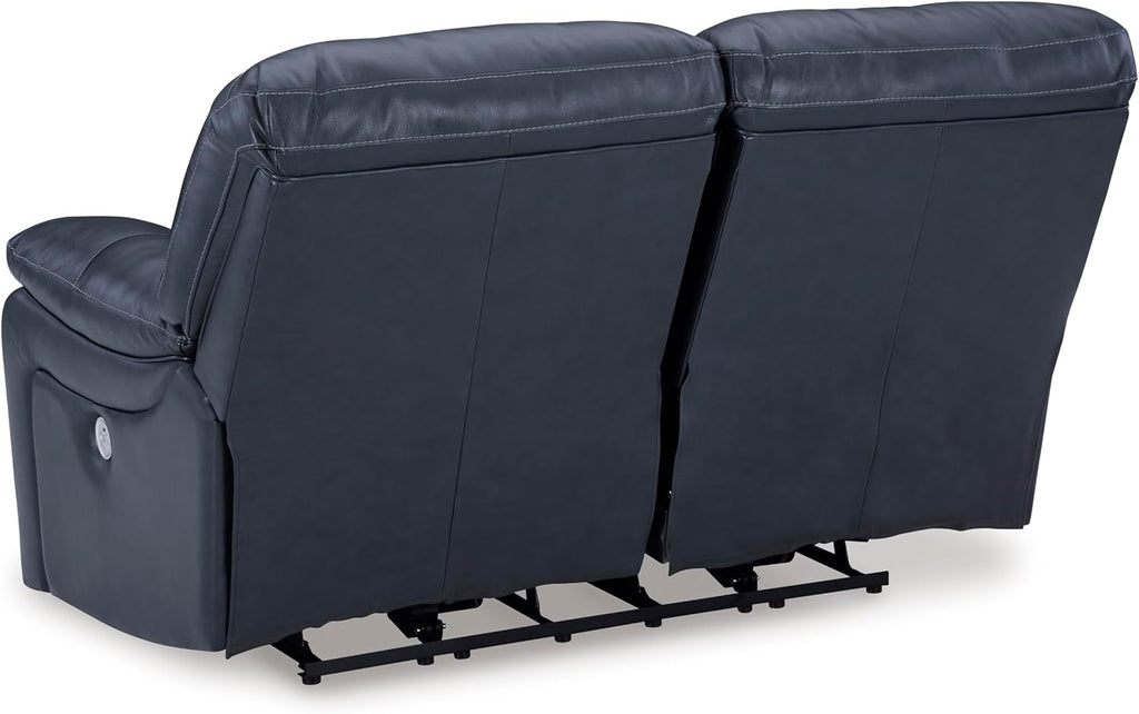 Signature Design by Ashley Leesworth Contemporary Power Reclining Loveseat with One-Touch Control and USB Charging Ports, Leather, 20' Seat Height, Blue