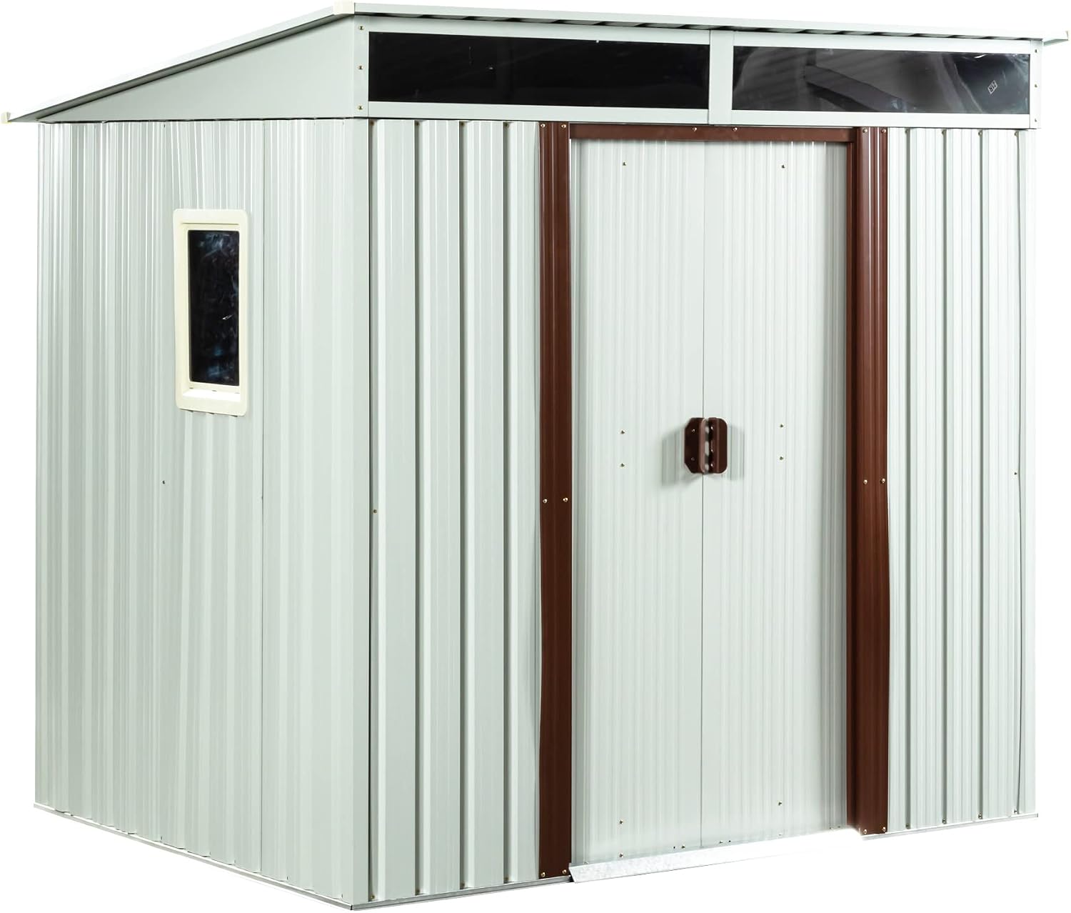 GDFStudio 6ft x 5ft Outdoor Metal Storage Shed with Window and Metal Foundation, White Garden Tool Organizer, Galvanized Iron Frame, Sliding Doors, UV Resistant Steel Panels, Padlock & Accessories