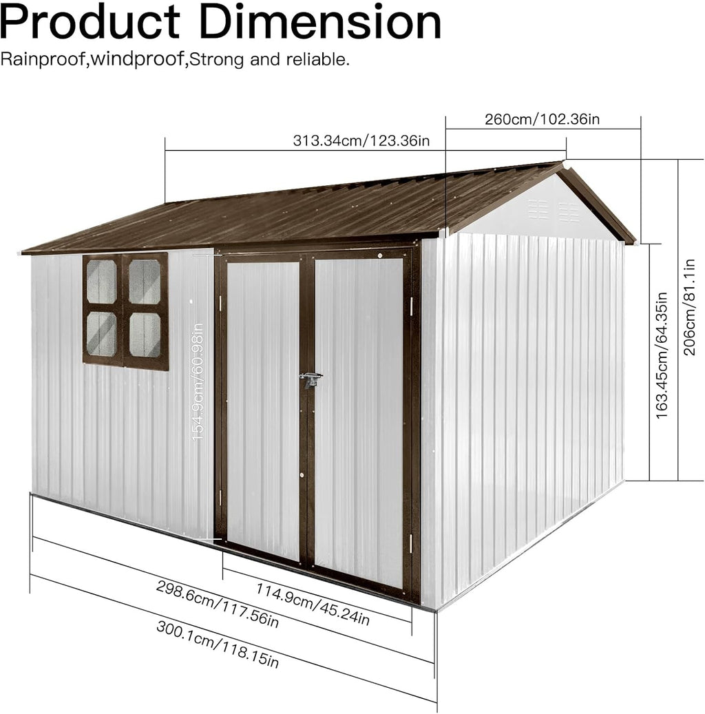 10x8 ft Outdoor Metal Storage Shed with Window, Aluminum Frame and Galvanized Steel Plate Tool Shed with Lockable Door, Air Vent, Waterproof Garden Storage House for Backyard (White)