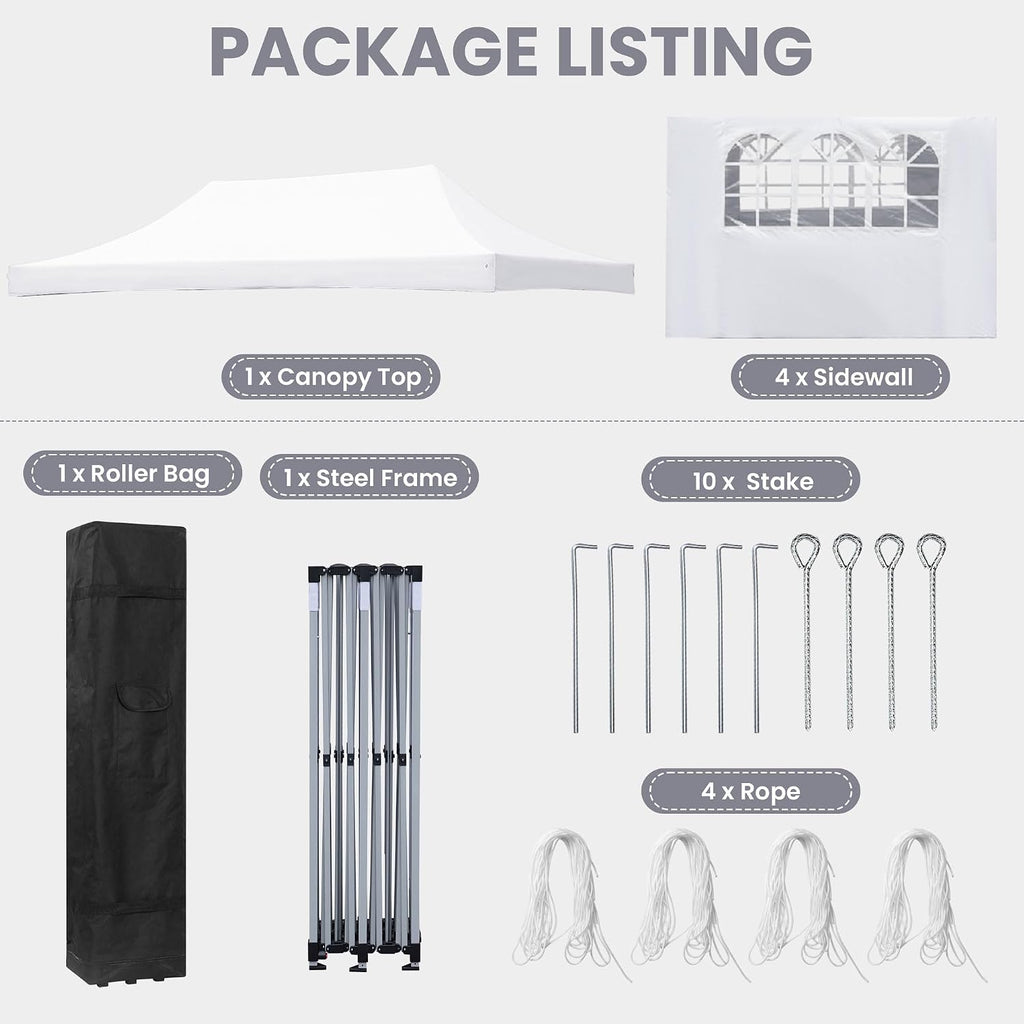 GDY 10'x20' Pop Up Canopy, Folding Party Tent with 4-Panel Removable Sidewalls, Heavy Duty Outdoor Commercial Instant Gazebo with Wheeled Bag, White.