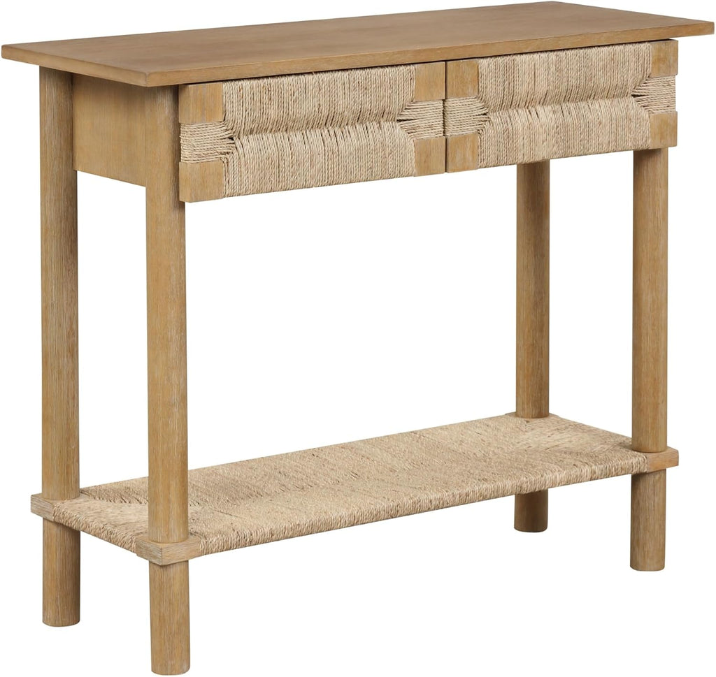 Nathan James Beacon Wooden Sofa Console Table with Drawers, Bohemian Entryway Table, Hallway Table with Seagrass Shelf, Light Brown, Set of 3