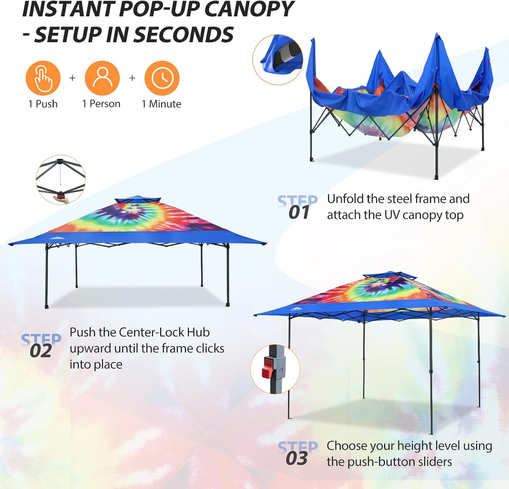 EAGLE PEAK 13x13 Straight Leg Pop Up Canopy Tent Instant Outdoor Canopy Easy Single Person Set up Folding Shelter w/Auto Extending Eaves 169 Square Feet of Shade (Cosmic Tie Dye)