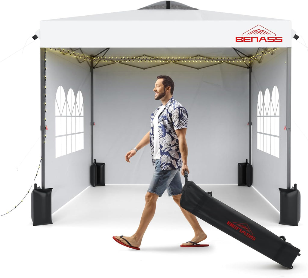 10x10 Pop Up Canopy with Sidewalls, Easy Up Canopy Tent, Heavy Duty Tents for Parties, One Person Set Up Event Tent, White