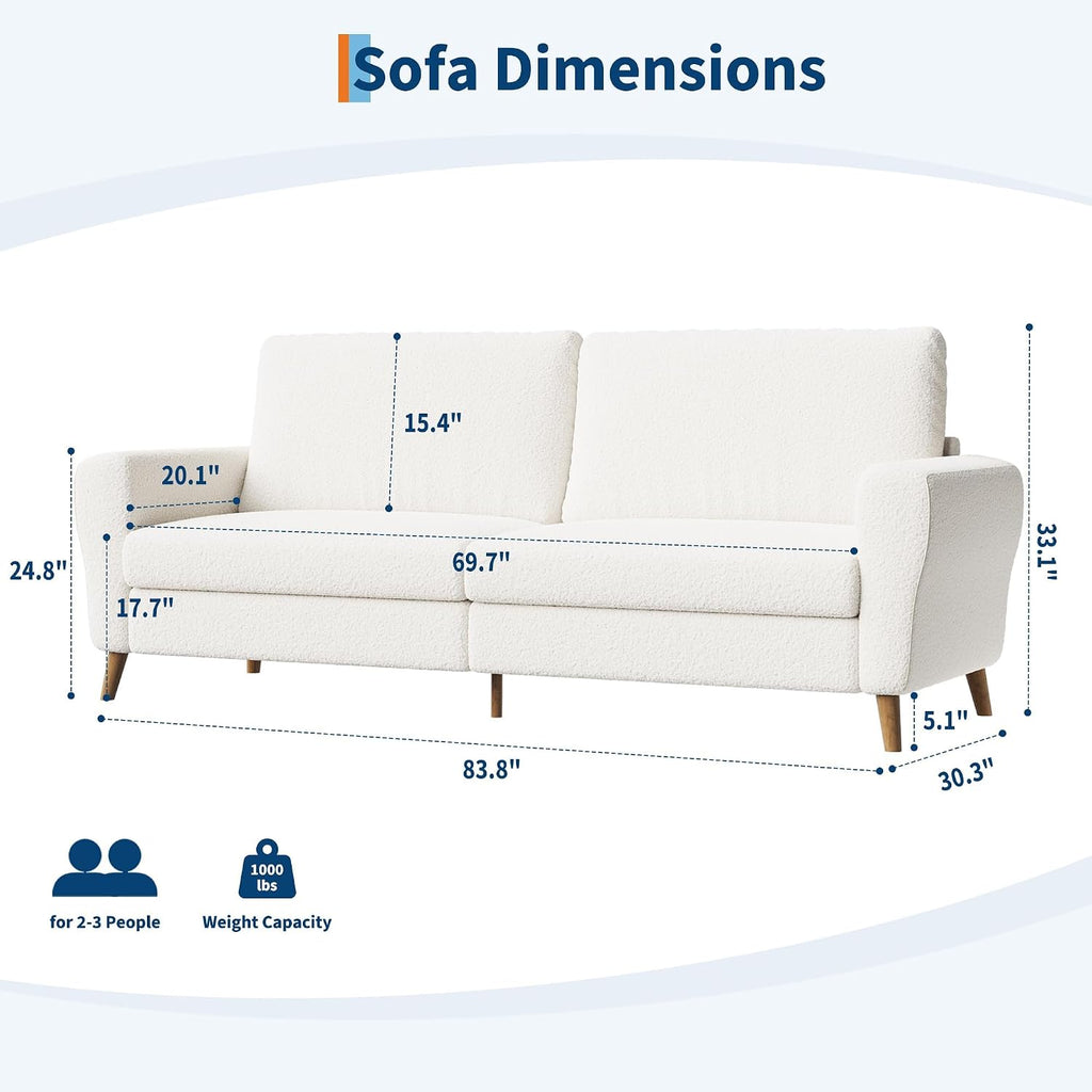 IDEALHOUSE 84 Inch Modern Sofa Couch, Large 3-Seater Sofa with Streamlined Armrests, Boucle Loveseat Wood Feet, Comfy Couch for Living Room, Apartment, Lounge, White