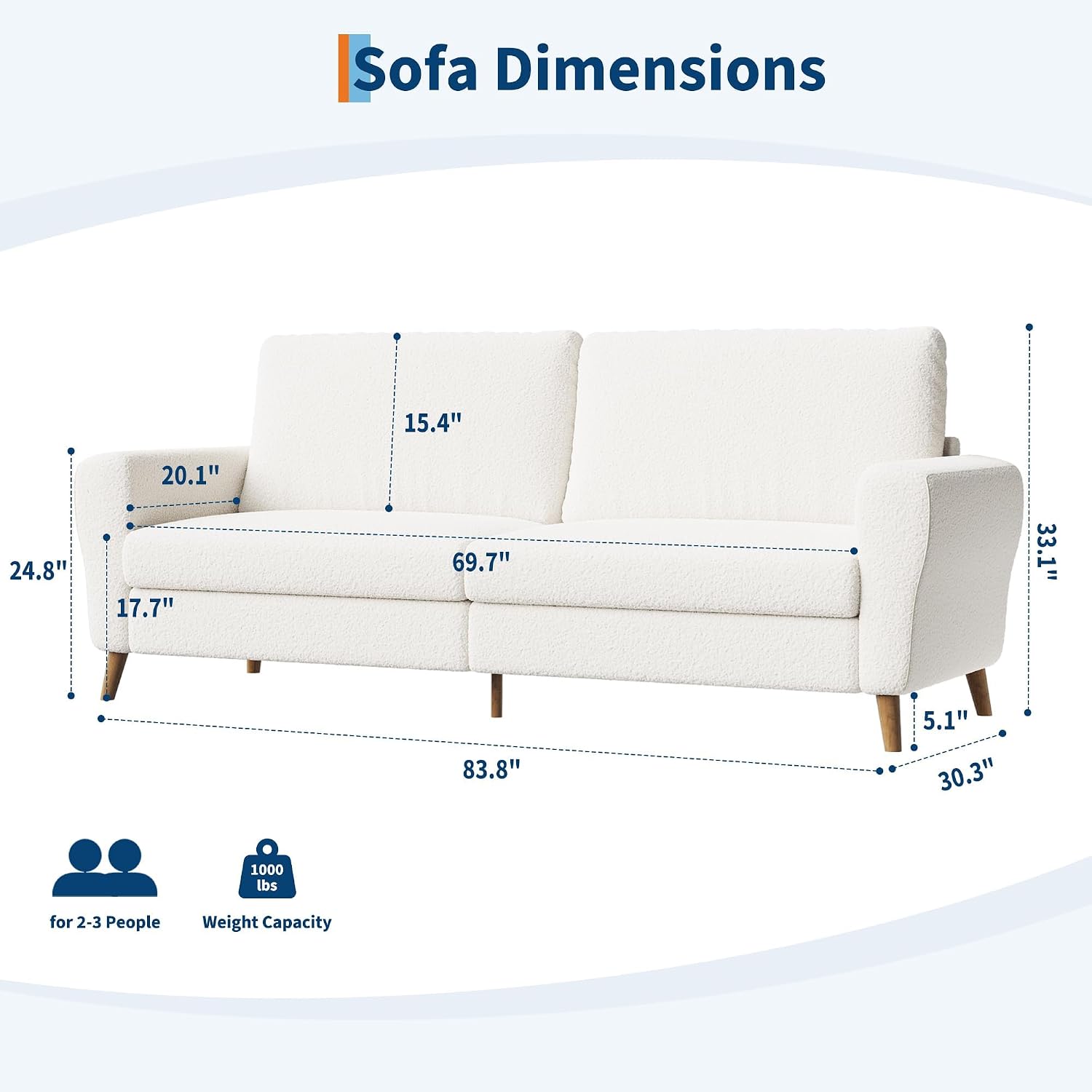 IDEALHOUSE 84 Inch Modern Sofa Couch, Large 3-Seater Sofa with Streamlined Armrests, Boucle Loveseat Wood Feet, Comfy Couch for Living Room, Apartment, Lounge, White
