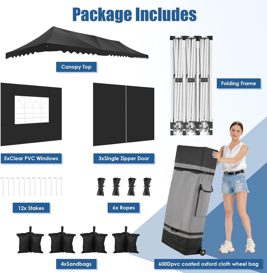 HOTEEL 10x30 Pop Up Canopy with 8 Sidewalls, UV 50+ and Waterproof 10×30 Party Tent, Thickened Frame, Large Space Easy Pop Up Canopy, Outdoor Canopy for Weddings, Beaches, Parties, Patio (Black)