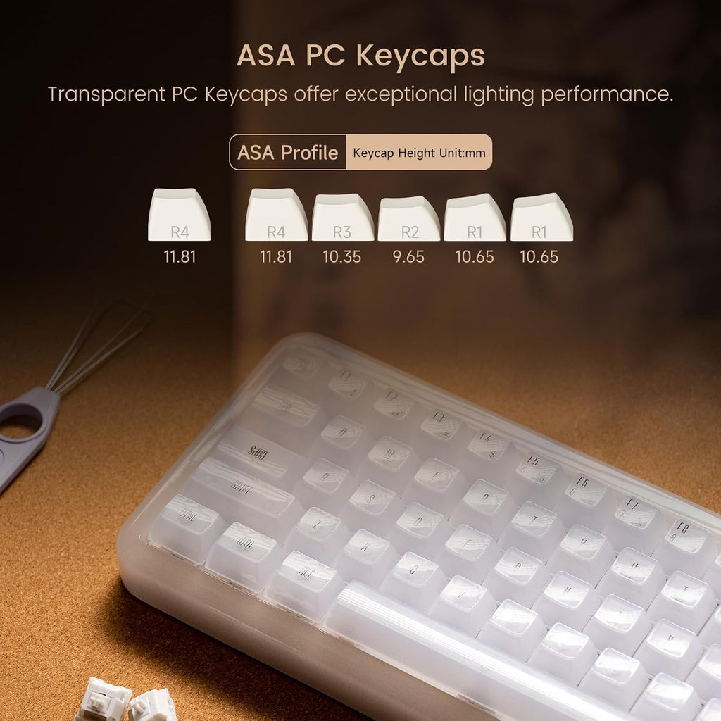 Akko YU01 Mechanical Keyboard Hot Swappable Gaming Keyboard with Transparent Keycaps RGB Backlit 2.4G Wireless/Bluetooth/Wired 68-Key Keyboard for Mac & Win (White Jade, V3 Piano Pro Switch)