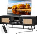 VEVOR Rattan TV Stand for 65 inch TV, Boho TV Stand with Rattan Door, Entertainment Center with Build-in Socket and USB Ports, Modern TV Console for Living Room, Media Room, Black