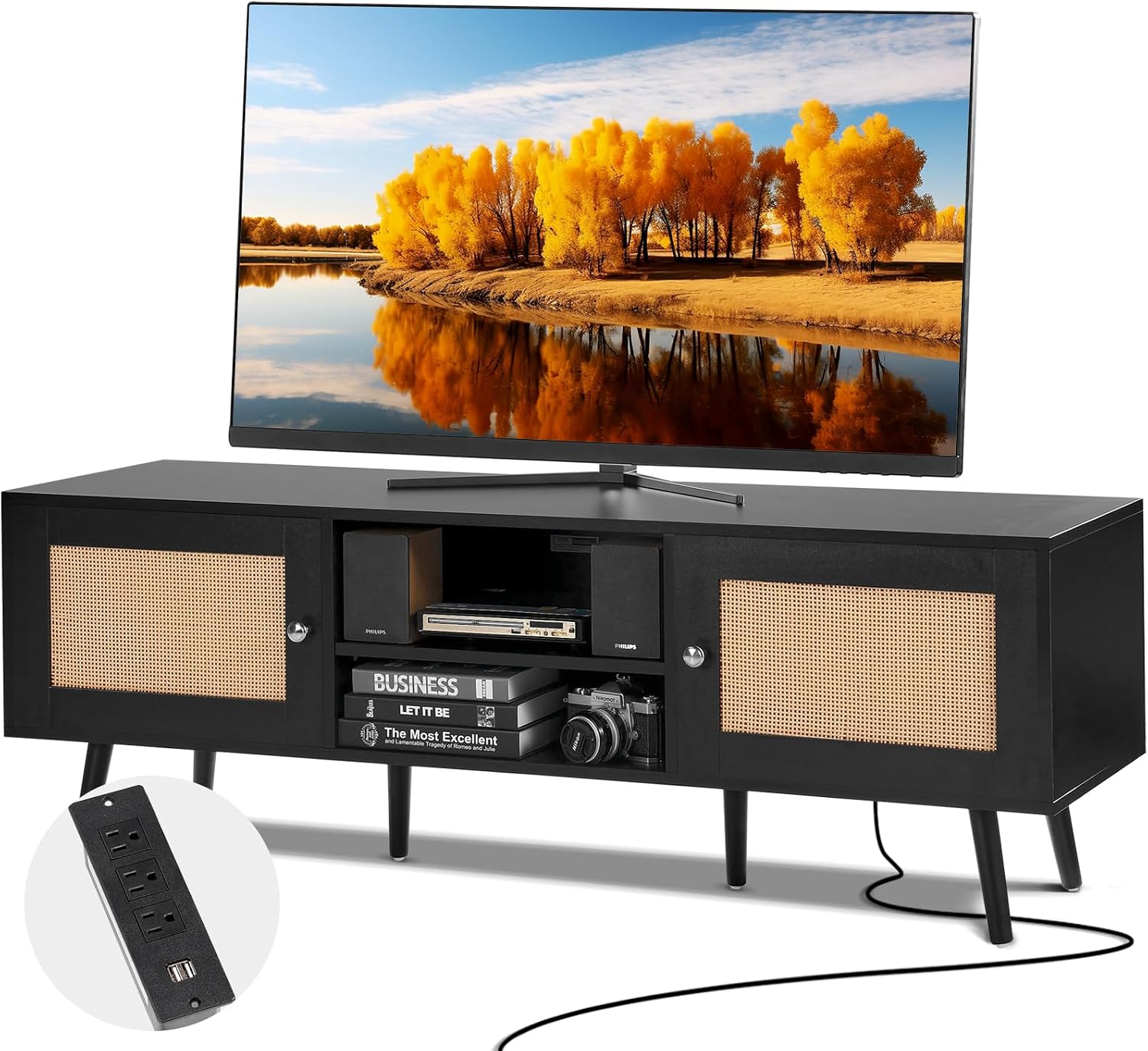 VEVOR Rattan TV Stand for 65 inch TV, Boho TV Stand with Rattan Door, Entertainment Center with Build-in Socket and USB Ports, Modern TV Console for Living Room, Media Room, Black