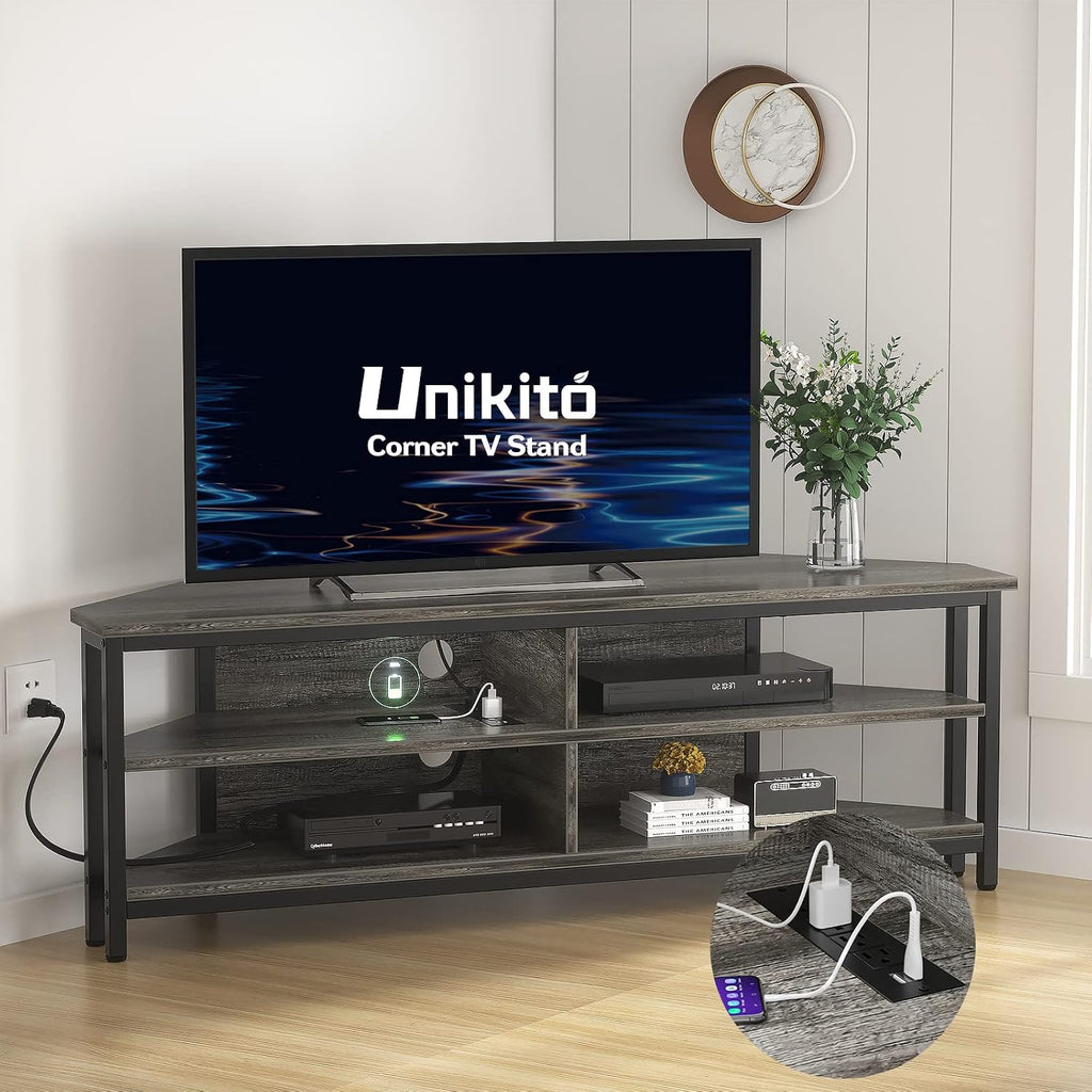 Unikito Corner TV Stand with Power Outlet, Corner Entertainment Center Media TV Console Table with 4 Open Storage Cabinet Shelve Wood TV Stand for Living Room for 55 inch TV, Gray Oak