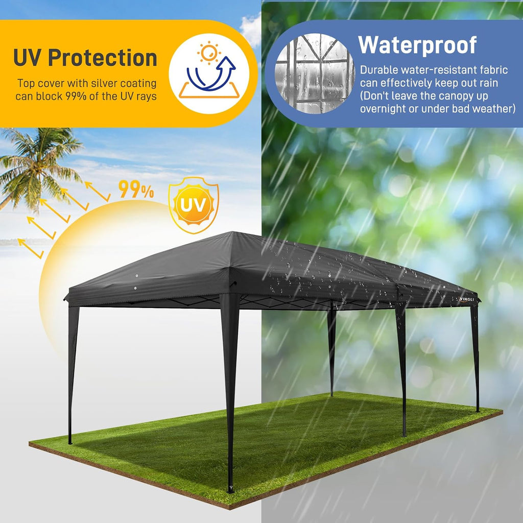VINGLI 10x20 Pop Up Canopy Tent, Outdoor Tent Canopies Foldable Portable Canopies for Camping, Patio, Parties, EZ Up Gazebo Canopy with Carry Bag, Carpas para Patio (Black)