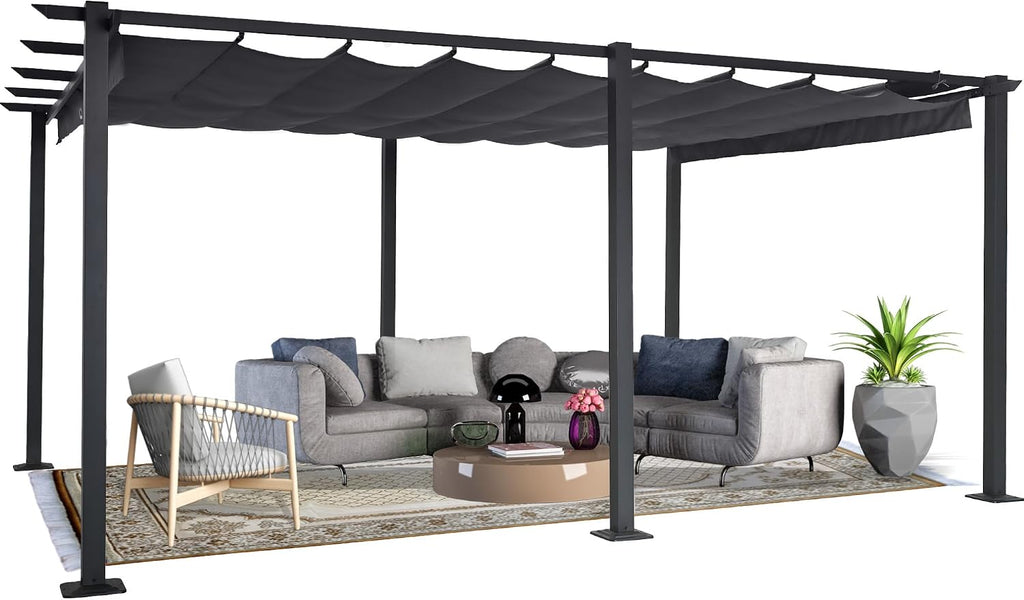HAPPATIO 12' X 16' Outdoor Pergola Retractable Pergola Canopy for Deck, Backyard, Patio, Aluminum Frame with Sun Canopy, Includes Ground Studs and Expansion Screws (Grey)